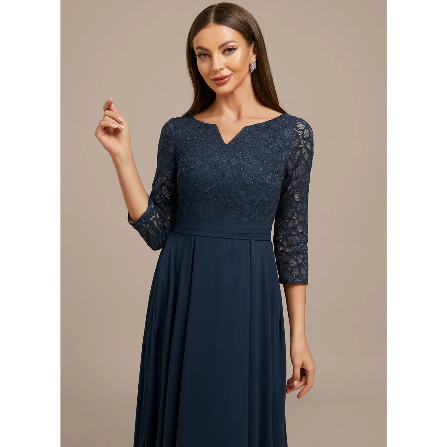 Elegant A-Line V-Neck Three-Quarter Sleeve Beaded Navy Blue Mother of the Bride Gown