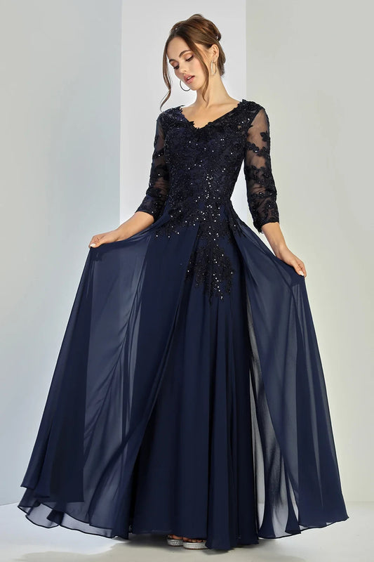 Elegant A-Line V-Neck Three-Quarter Sleeve Embellished Navy Floor-Length Mother of the Bride Gown