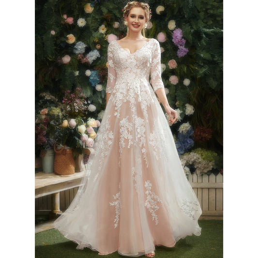 Elegant A-Line V-Neck Three-Quarter Sleeve Lace Blush Floor Wedding Gown
