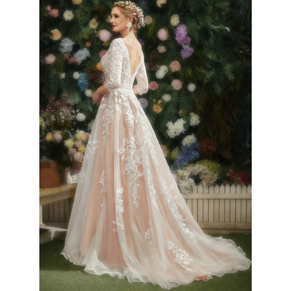 Elegant A-Line V-Neck Three-Quarter Sleeve Lace Blush Floor Wedding Gown