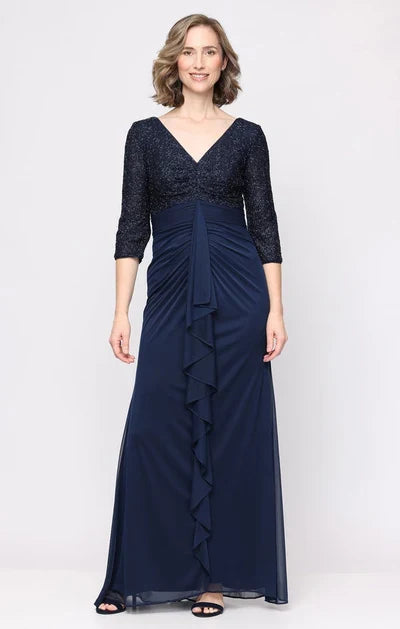 Elegant A-Line V-Neck Three-Quarter Sleeve Sequin Navy Floor-Length Mother of the Bride Gown