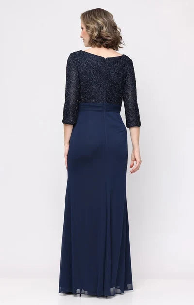 Elegant A-Line V-Neck Three-Quarter Sleeve Sequin Navy Floor-Length Mother of the Bride Gown
