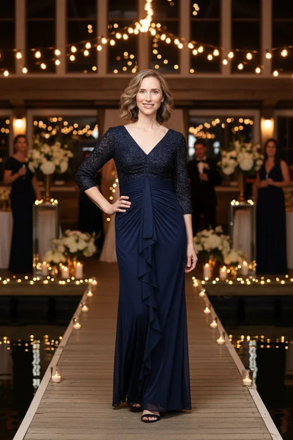 Elegant A-Line V-Neck Three-Quarter Sleeve Sequin Navy Floor-Length Mother of the Bride Gown