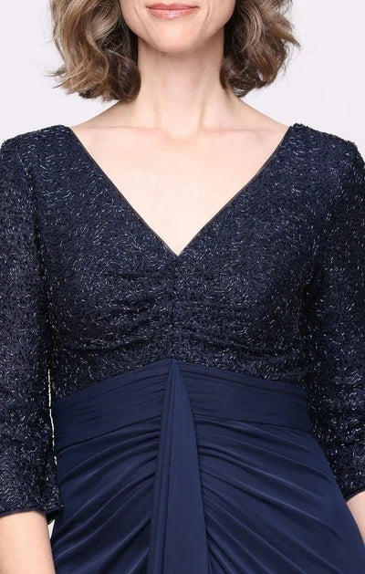 Elegant A-Line V-Neck Three-Quarter Sleeve Sequin Navy Floor-Length Mother of the Bride Gown