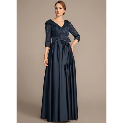 Elegant A-Line V-Neck Three-Quarter Sleeve Sequin Navy Mother of the Bride Gown