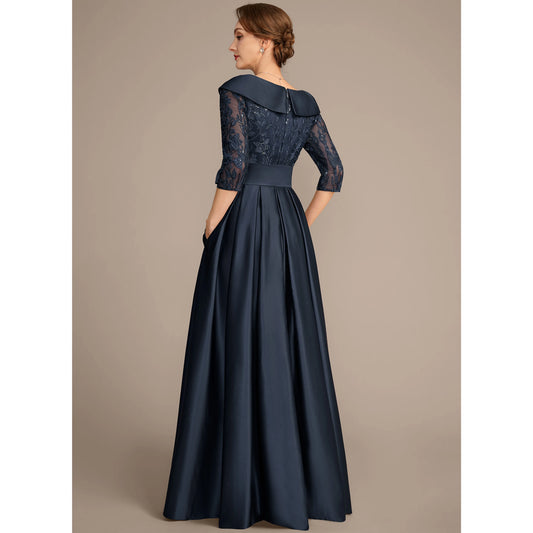 Elegant A-Line V-Neck Three-Quarter Sleeve Sequin Navy Mother of the Bride Gown