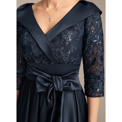 Elegant A-Line V-Neck Three-Quarter Sleeve Sequin Navy Mother of the Bride Gown