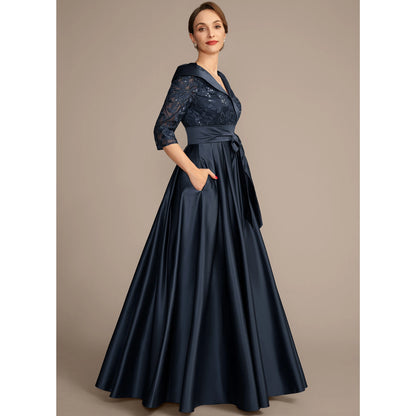 Elegant A-Line V-Neck Three-Quarter Sleeve Sequin Navy Mother of the Bride Gown