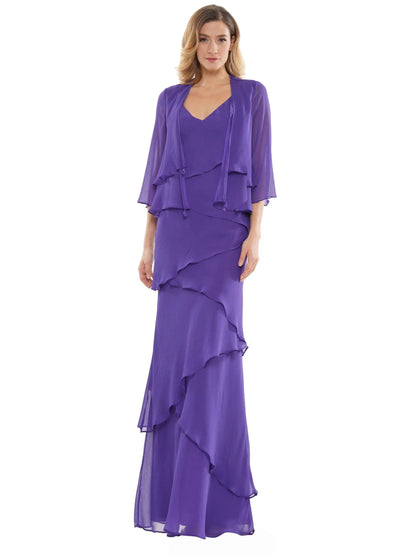 Elegant A-Line V-Neck Tiered Plum Floor-Length Mother Of The Bride Gown