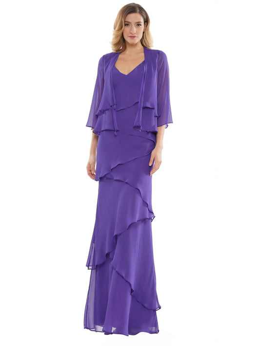 Elegant A-Line V-Neck Tiered Plum Floor-Length Mother Of The Bride Gown