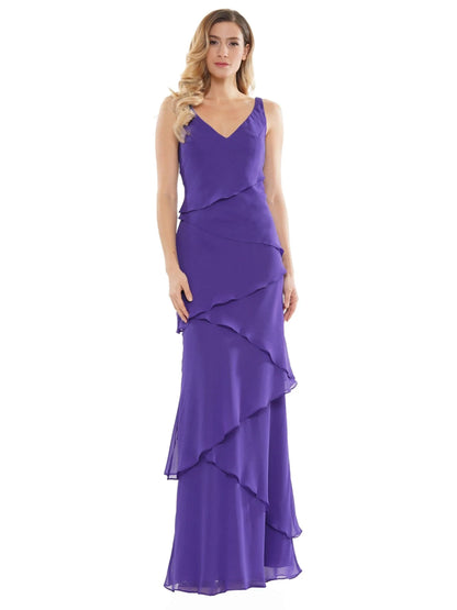 Elegant A-Line V-Neck Tiered Plum Floor-Length Mother Of The Bride Gown