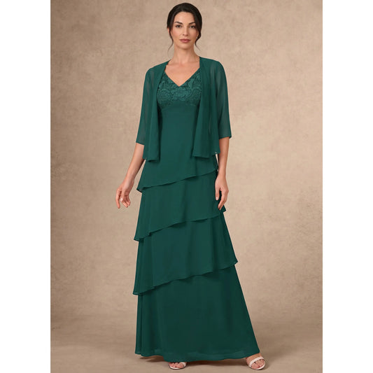 Elegant A-Line V-Neck With Jacket Dark Green Floor-Length Mother of the Bride Dress