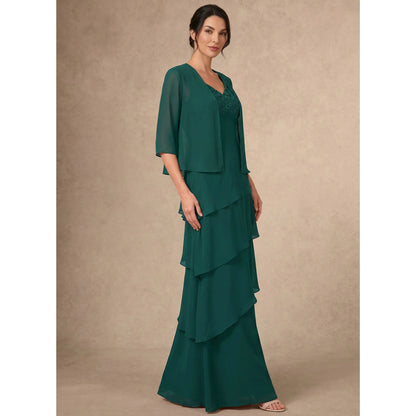 Elegant A-Line V-Neck With Jacket Dark Green Floor-Length Mother of the Bride Dress