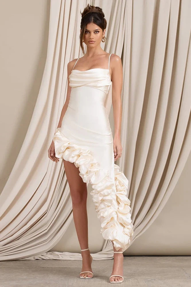 Elegant Asymmetrical Draped Cowl Neck Sleeveless Ivory Mini Homecoming Dress