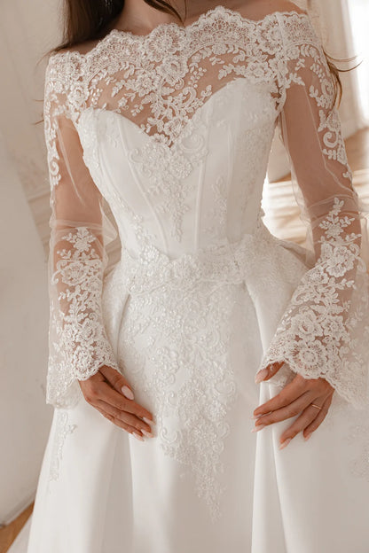 Elegant Ball Gown Off-Shoulder Long Sleeves Appliqued White Floor-Length Wedding Gown