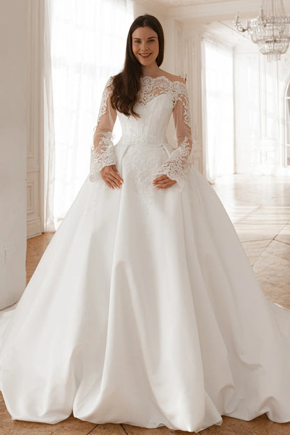 Elegant Ball Gown Off-Shoulder Long Sleeves Appliqued White Floor-Length Wedding Gown