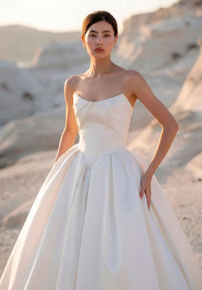 Elegant Ballgown Strapless Sleeveless Pleated Corset Ivory Maxi Wedding Dresses Bride