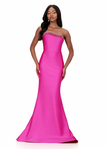 Elegant Beaded One-Shoulder Mermaid Hot Pink Floor-Length Evening Gown