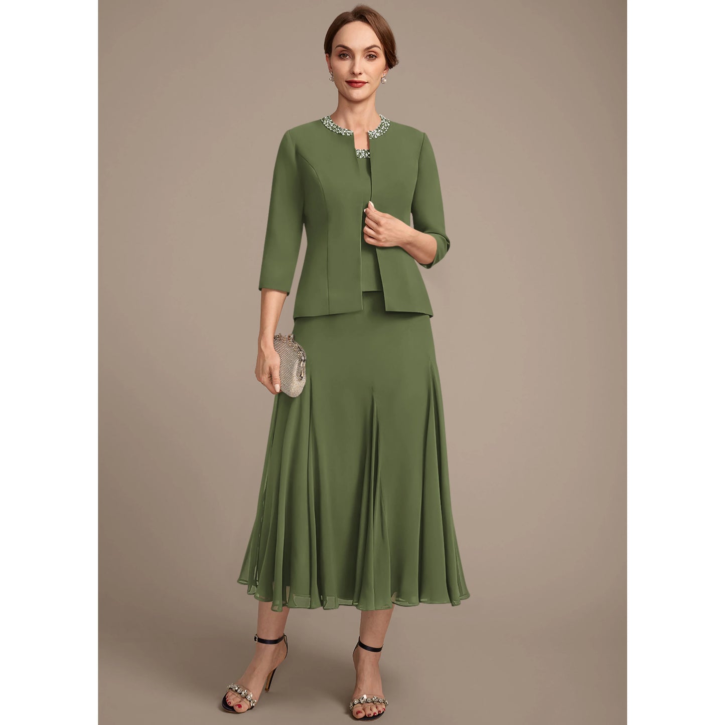 Elegant Beaded Two-Piece Three-Quarter Sleeve Olive Green Midi Mother of the Bride Dress