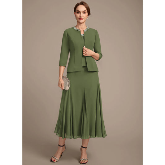 Elegant Beaded Two-Piece Three-Quarter Sleeve Olive Green Midi Mother of the Bride Dress