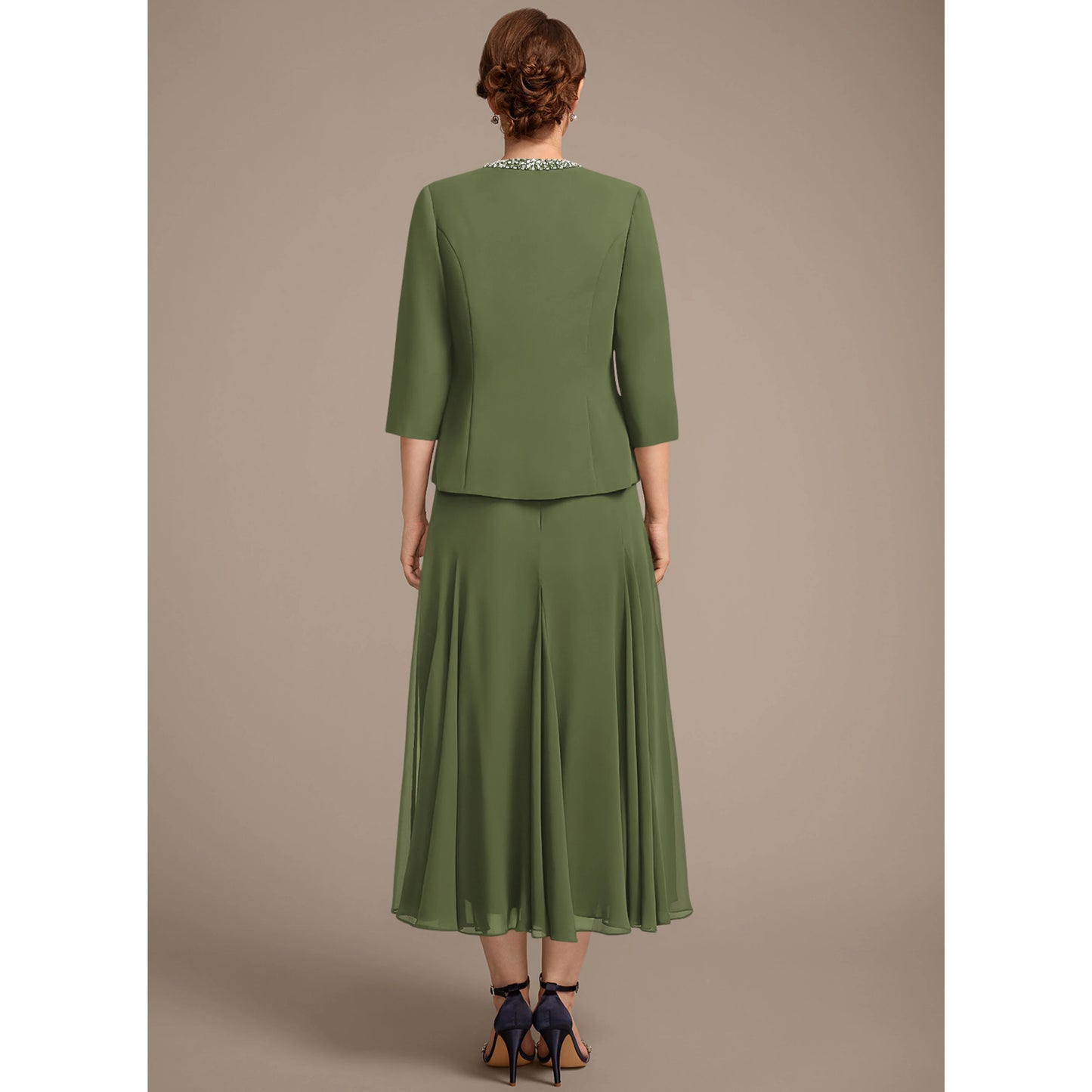 Elegant Beaded Two-Piece Three-Quarter Sleeve Olive Green Midi Mother of the Bride Dress