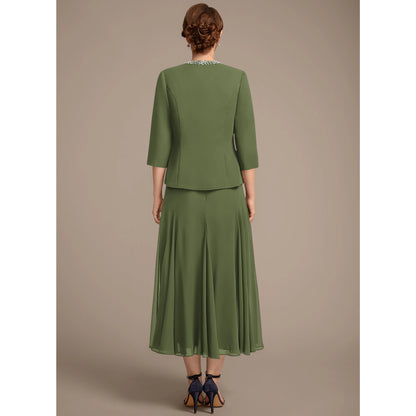 Elegant Beaded Two-Piece Three-Quarter Sleeve Olive Green Midi Mother of the Bride Dress