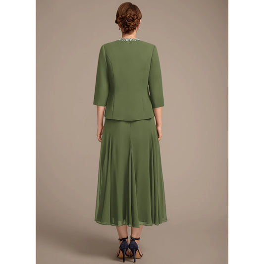 Elegant Beaded Two-Piece Three-Quarter Sleeve Olive Green Midi Mother of the Bride Dress