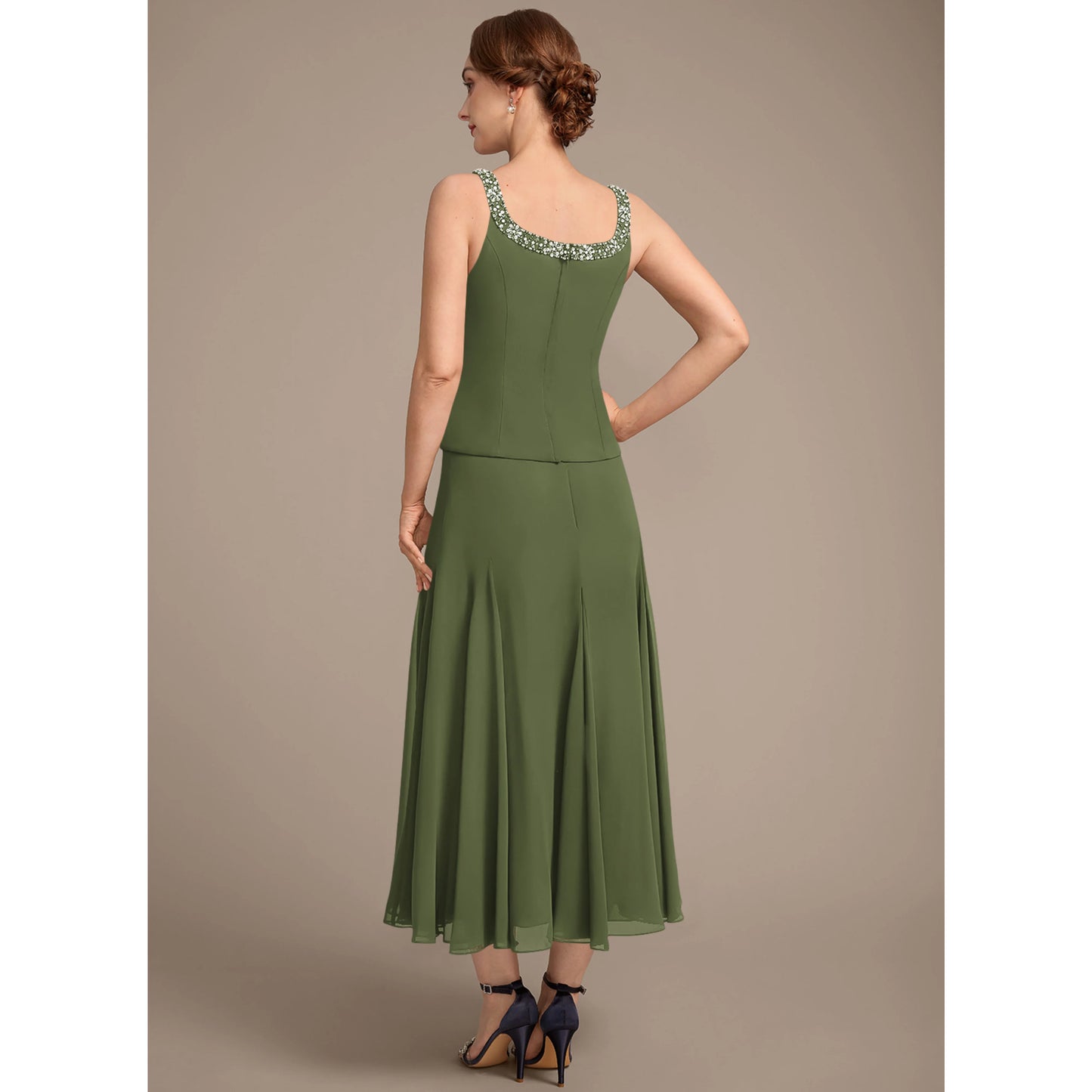Elegant Beaded Two-Piece Three-Quarter Sleeve Olive Green Midi Mother of the Bride Dress