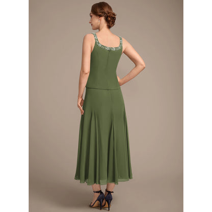 Elegant Beaded Two-Piece Three-Quarter Sleeve Olive Green Midi Mother of the Bride Dress