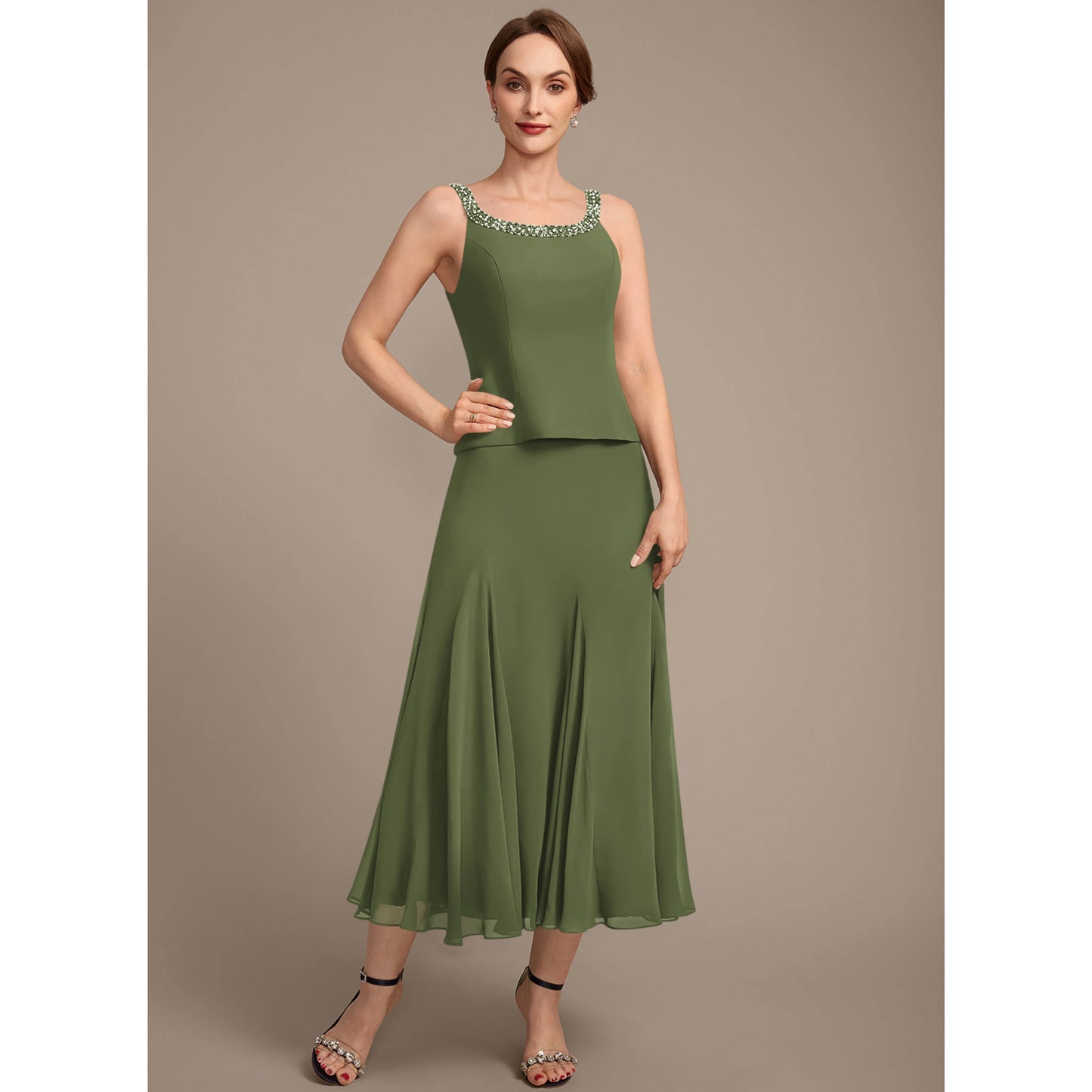 Elegant Beaded Two-Piece Three-Quarter Sleeve Olive Green Midi Mother of the Bride Dress