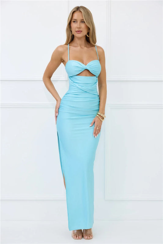 Elegant Bodycon Sleeveless Sweetheart Cutout Ruched Aqua Maxi Prom Dress Women's Gown