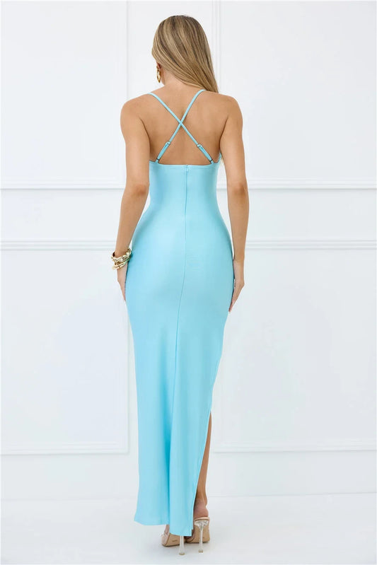 Elegant Bodycon Sleeveless Sweetheart Cutout Ruched Aqua Maxi Prom Dress Women's Gown