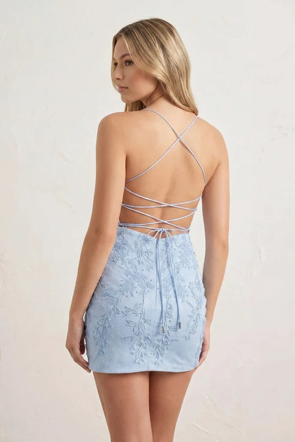 Elegant Bodycon Sweetheart Sleeveless Appliqued Sky Blue Short Homecoming Dress for Women