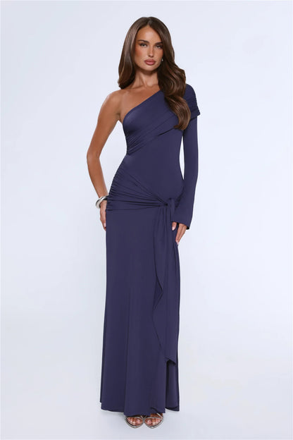 Elegant Chic Sheath One-Shoulder Ruched Slit Navy Floor-Length Prom Gown