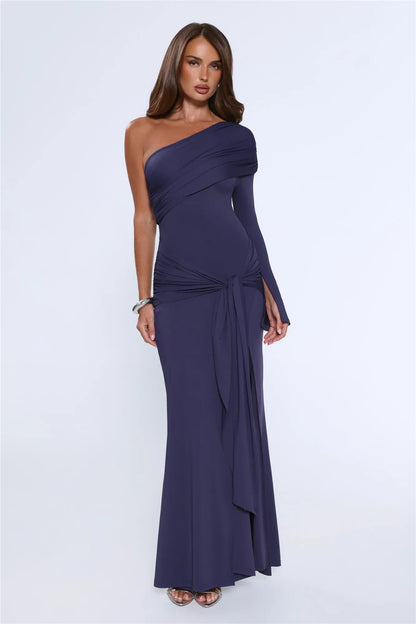 Elegant Chic Sheath One-Shoulder Ruched Slit Navy Floor-Length Prom Gown