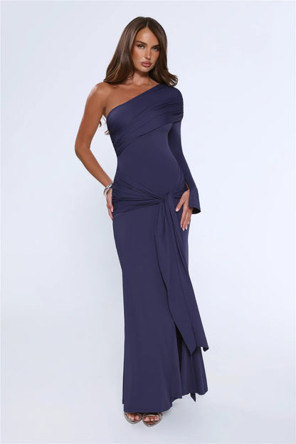 Elegant Chic Sheath One-Shoulder Ruched Slit Navy Floor-Length Prom Gown