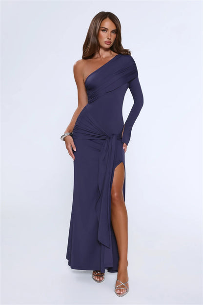 Elegant Chic Sheath One-Shoulder Ruched Slit Navy Floor-Length Prom Gown