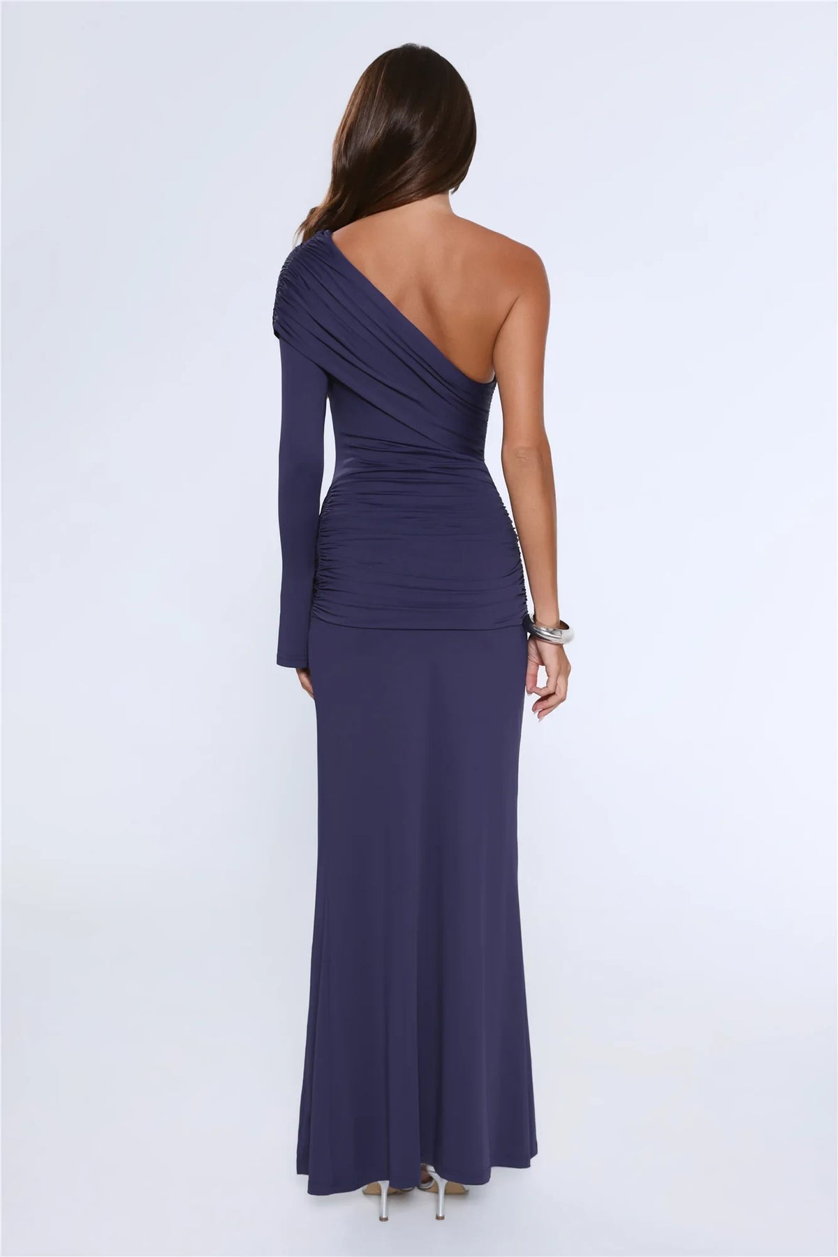 Elegant Chic Sheath One-Shoulder Ruched Slit Navy Floor-Length Prom Gown