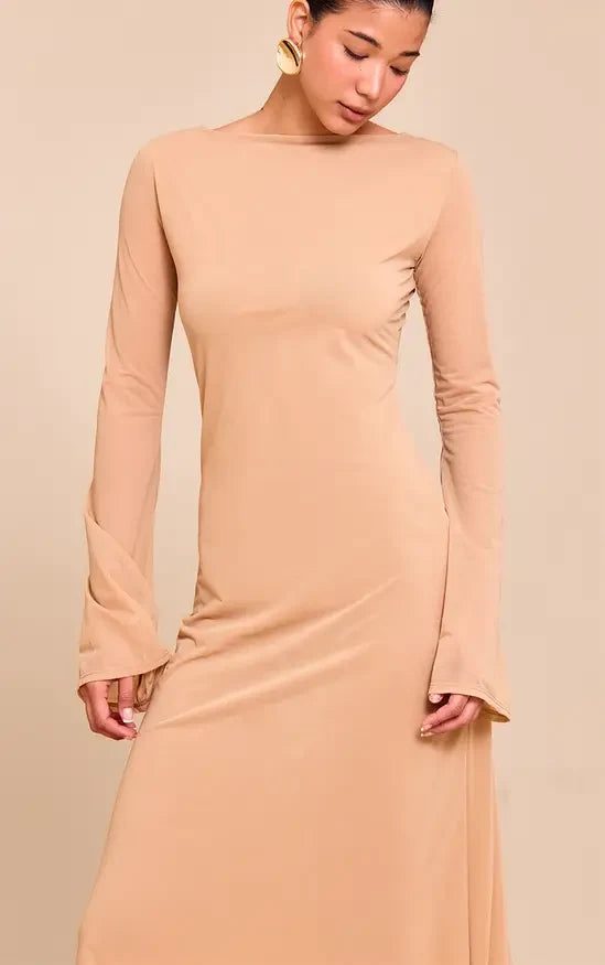 Elegant Column Boatneck Long Sleeve Sleek Camel Maxi Evening Dresses Women