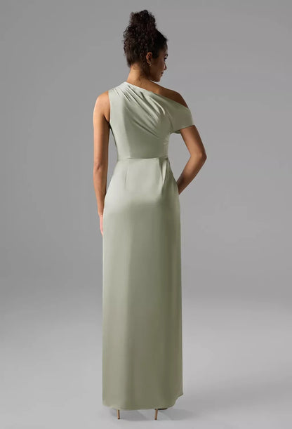 Elegant Column One-Shoulder Cap-Sleeve Ruched Slit Sage Long Bridesmaid Dress Women
