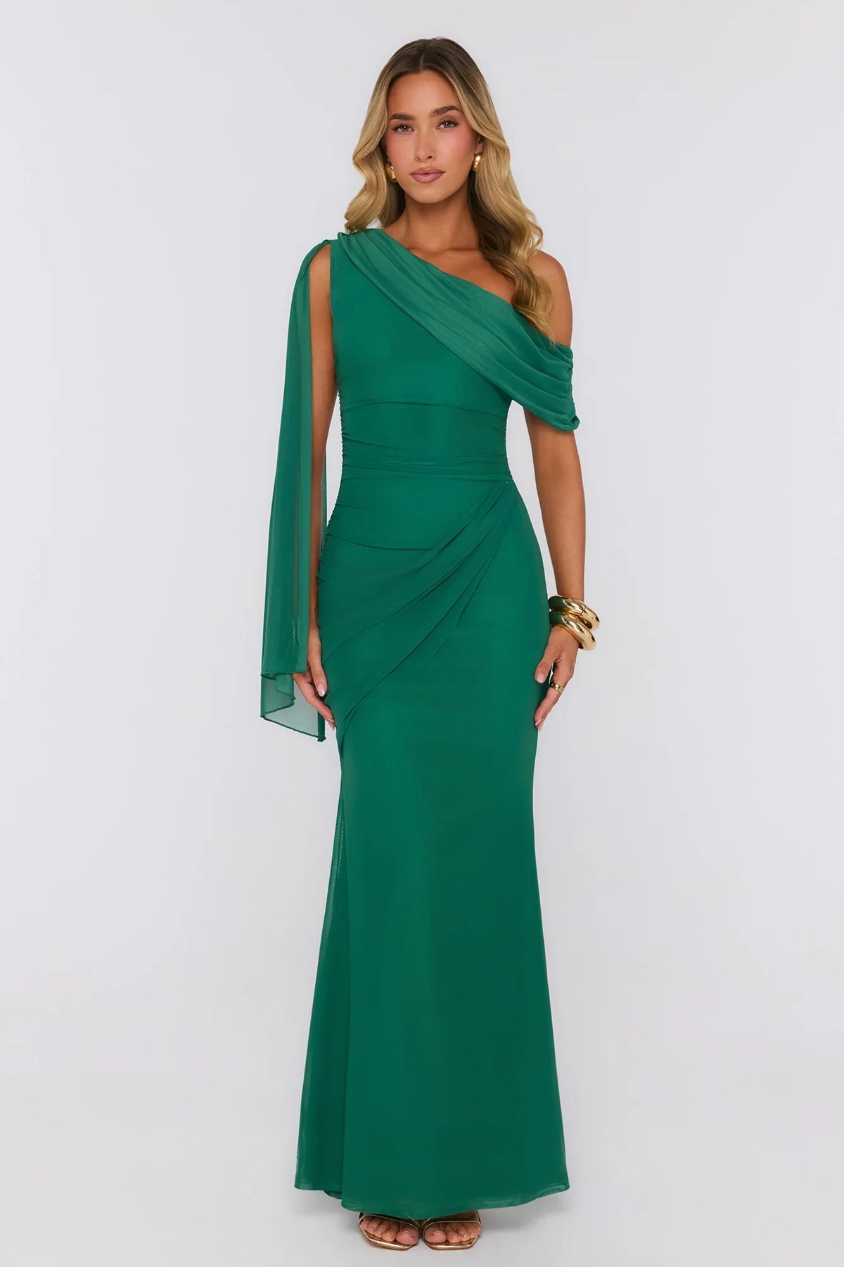 Elegant Column One-Shoulder Cape-Sleeve Ruched Draped Green Evening Dresses Women Gown