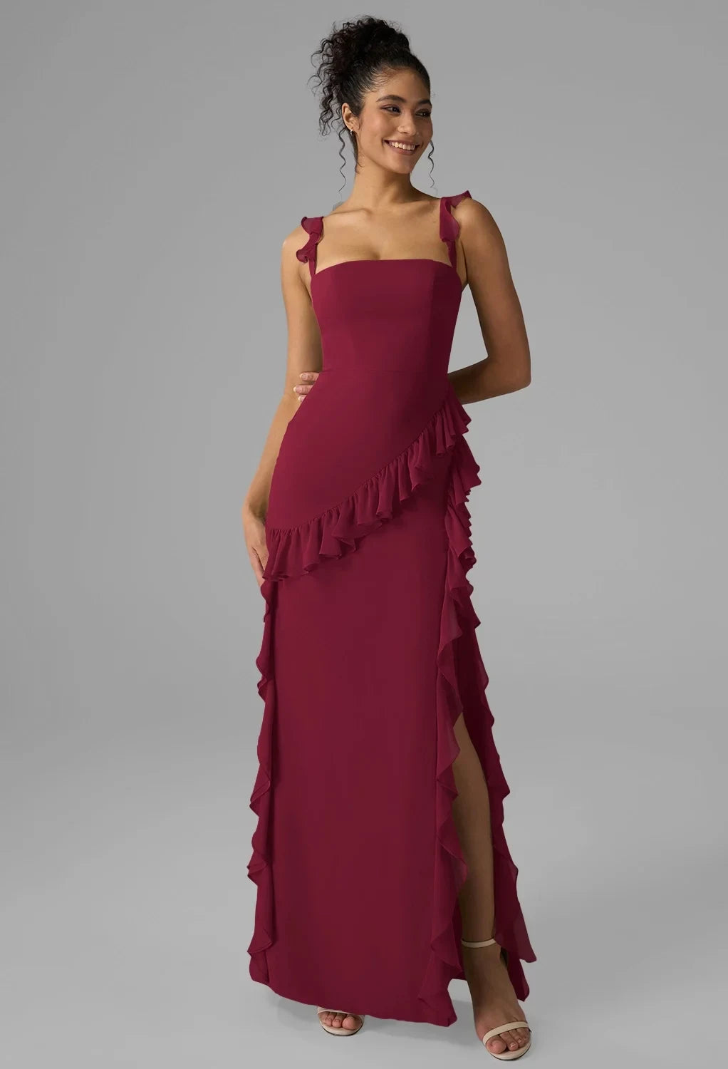 Elegant Column Square Sleeveless Ruffled Slit Burgundy Maxi Bridesmaid Dress
