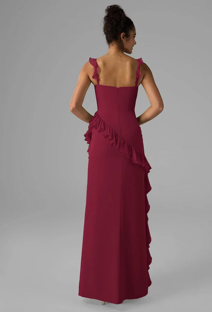 Elegant Column Square Sleeveless Ruffled Slit Burgundy Maxi Bridesmaid Dress