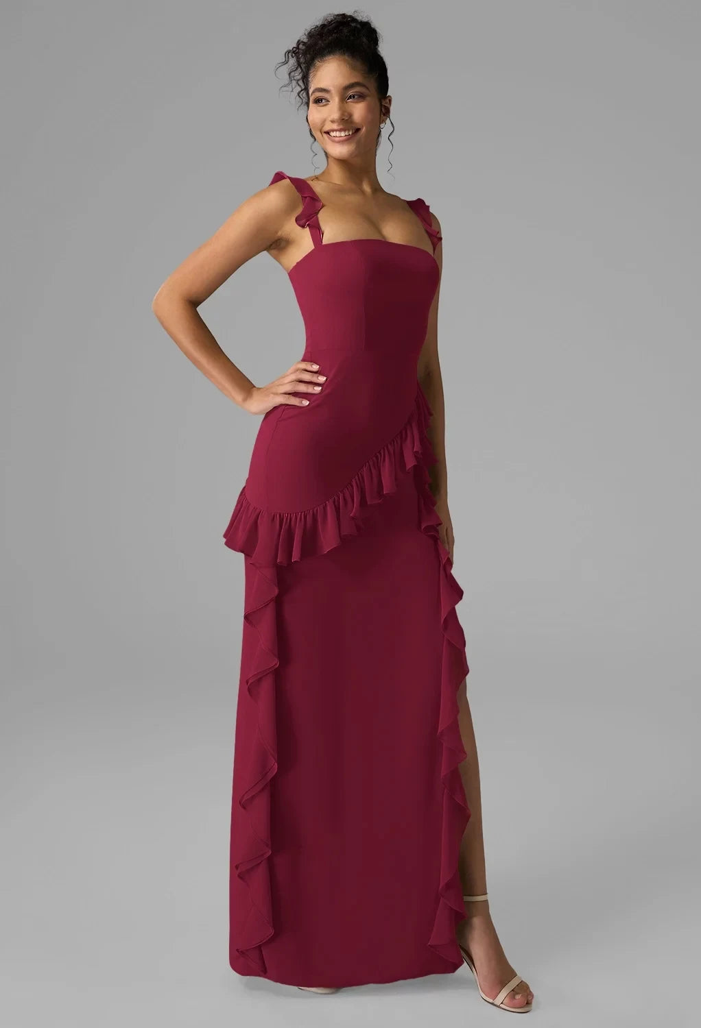 Elegant Column Square Sleeveless Ruffled Slit Burgundy Maxi Bridesmaid Dress