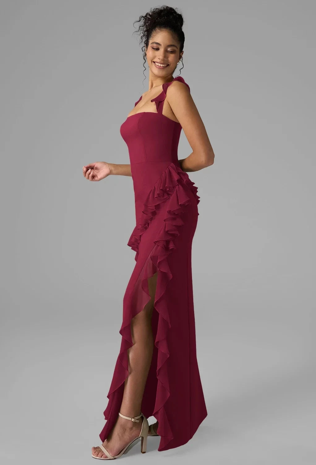 Elegant Column Square Sleeveless Ruffled Slit Burgundy Maxi Bridesmaid Dress