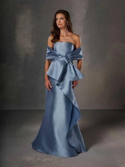 Elegant Column Strapless Sleeveless Bow Blue Mother of the Bride Dress