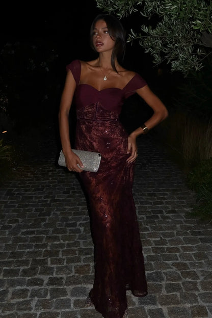 Elegant Column Sweetheart Sleeved Corset Sequined Burgundy Maxi Prom Dresses Gown