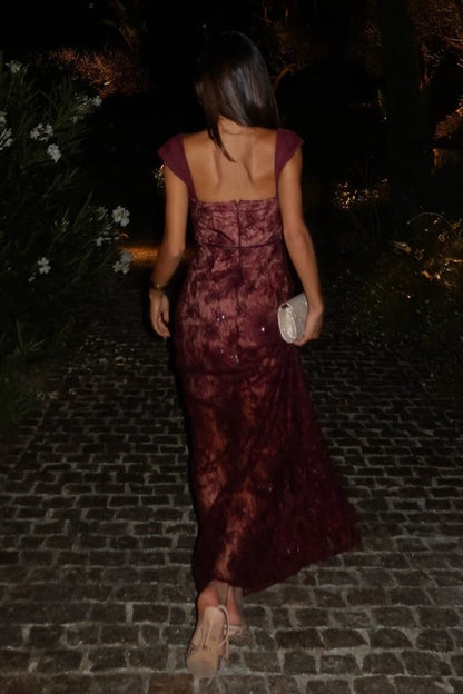 Elegant Column Sweetheart Sleeved Corset Sequined Burgundy Maxi Prom Dresses Gown