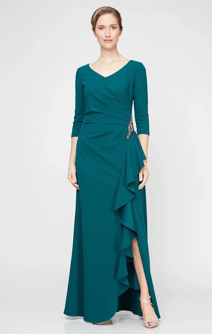 Elegant Column V-Neck 3/4-Sleeve Ruched Ruffled Teal Maxi Mother-of-the-Bride Women Dress