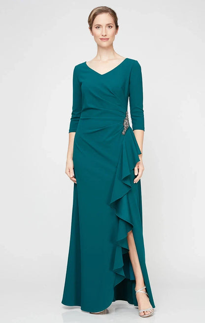 Elegant Column V-Neck 3/4-Sleeve Ruched Ruffled Teal Maxi Mother-of-the-Bride Women Dress